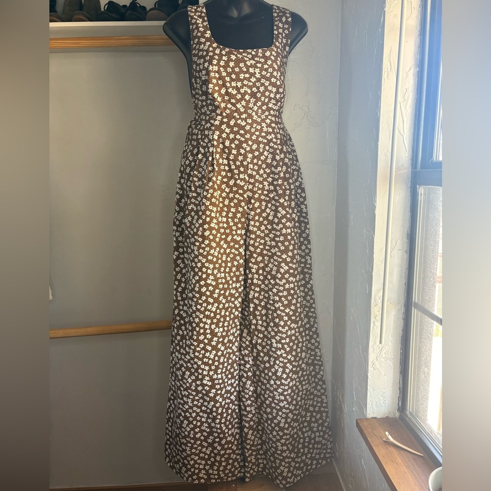 Storia Brown / cream Floral Square-Neck Wide-Leg Jumpsuit sz M open back